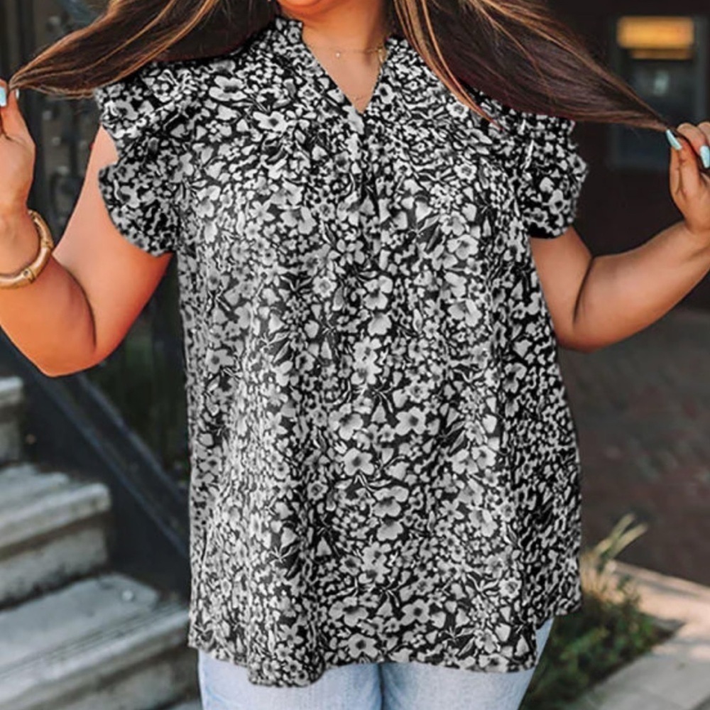Black and White Ruffled Blouse with Mandarin Collar